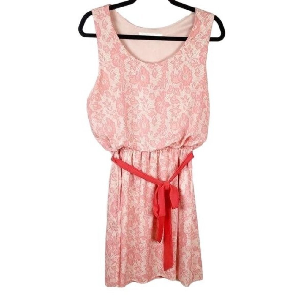 Peaches ń Cream‎ Women Faux Lace Belted Summer Sleeveless Dress Sz Medium